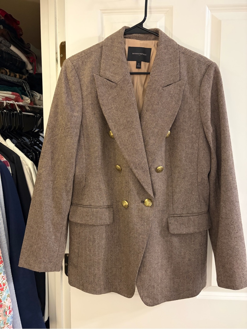 Banana Republic Factory Double-Breasted Brown Tan Herringbone Blazer